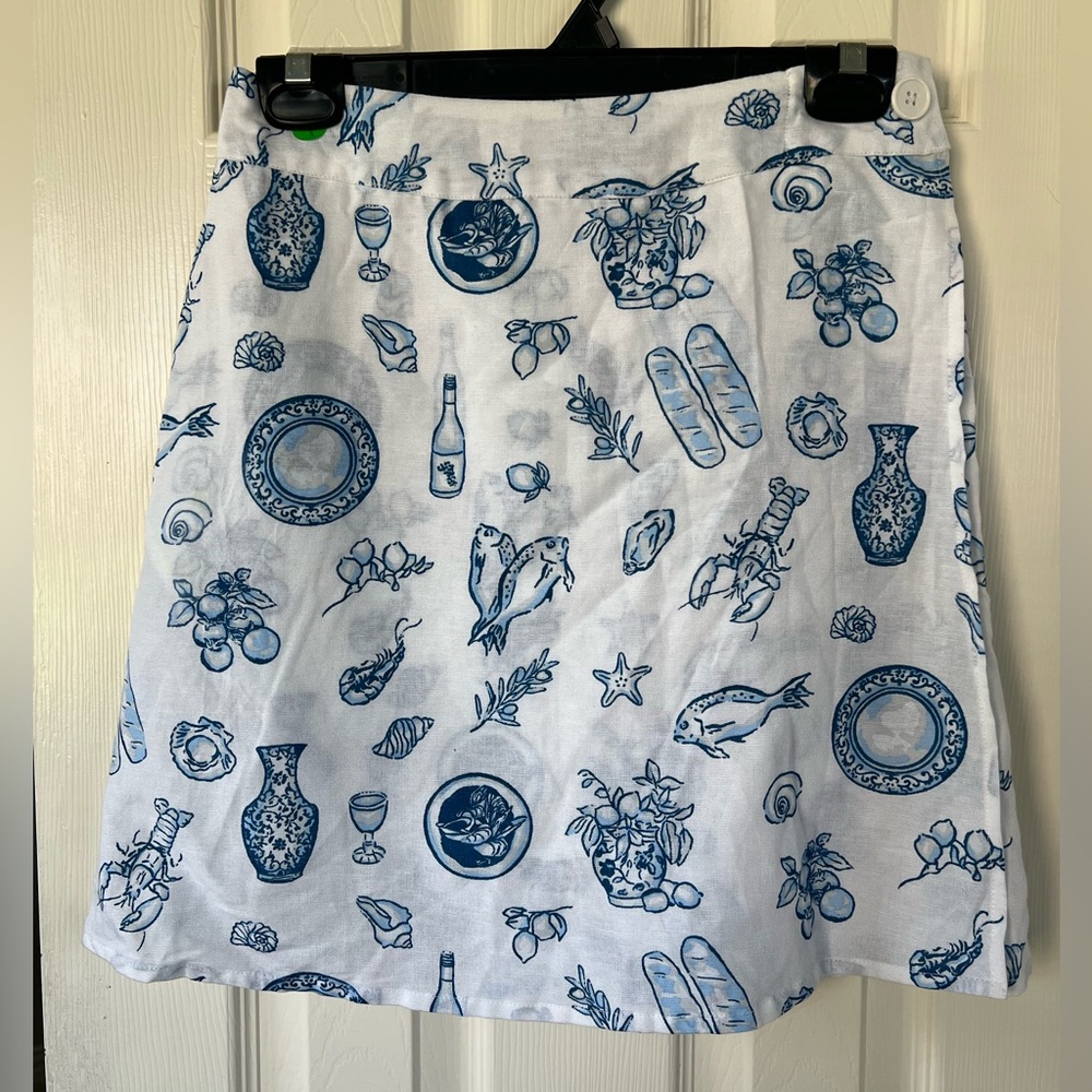 Women's White A-Line Skirt with Blue Lobster Feast Print M - Picture 1 of 11